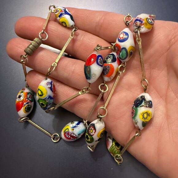 Vintage White Millefiori Murano Art Glass Gold Tone Necklace - Picture 8 of 10